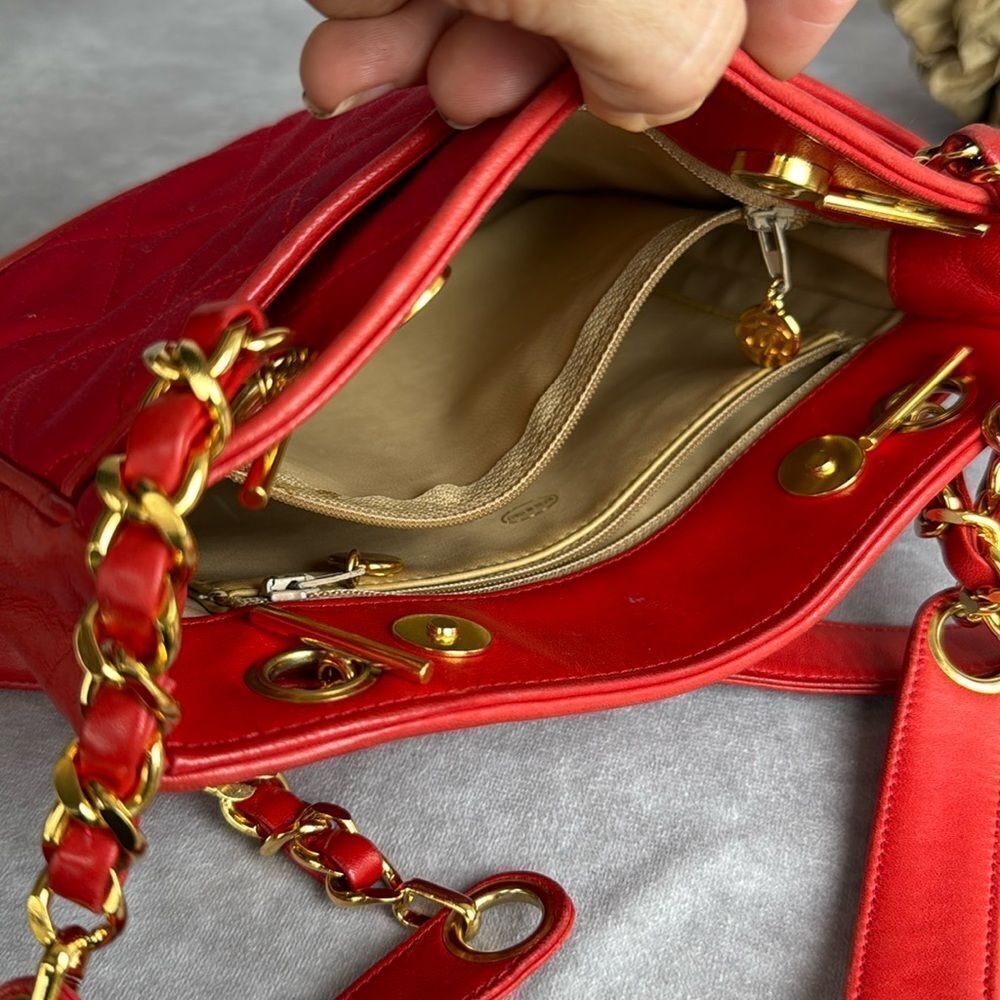 Chanel Red Satin Quilted Chain Shopper Tote Bag - Picture 11 of 16